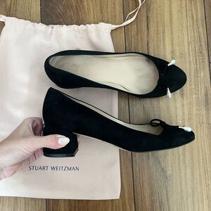 Authentic Stuart Weitzman Black Suede Loafers with Bow Detail